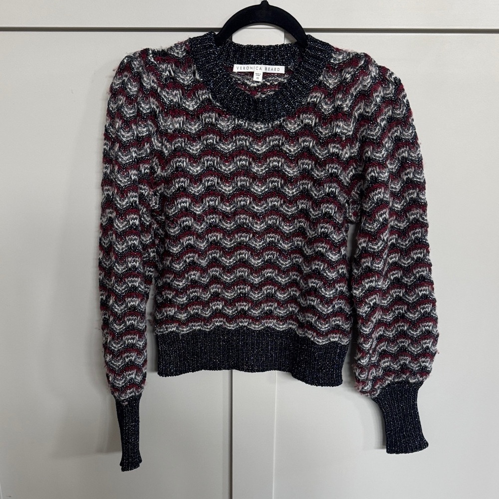 Veronica Beard Black and Red Crew Neck Sweater with Chevron Design